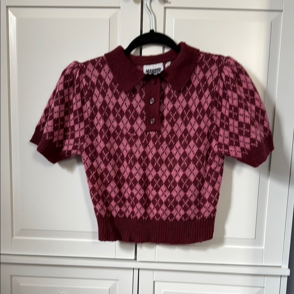 Argyle Knit Polo Top in Pink and Burgundy